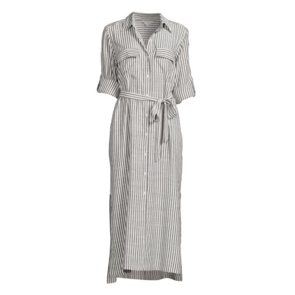 NWT Gray & White Striped Sz Small Belted Button Up Midi Shirt Dress MAX STUDIO - Picture 4 of 8